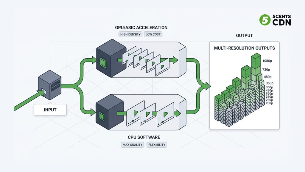 Explanation_Template-2 - 5centsCDN | Video Live Streaming | CDN | Restream Cloud transcoding farm using GPU or ASIC hardware acceleration versus CPU software encoding for many streams