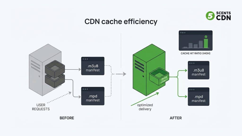 CDN edge cache storing one CMAF segment set instead of duplicate HLS and DASH copies improving cache hit ratio