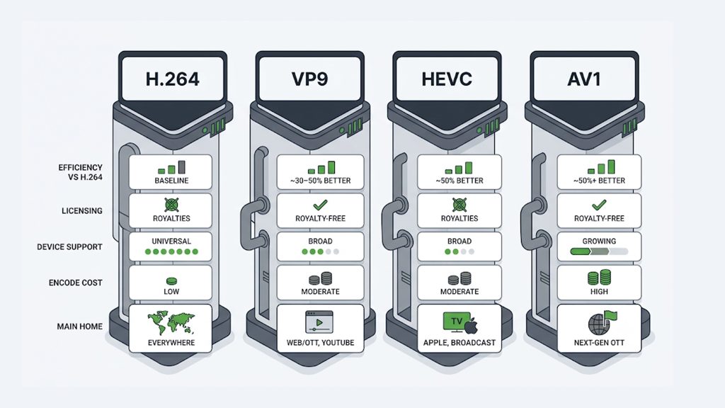 Comparison of VP9 codec against H.264, HEVC, and AV1 on efficiency, licensing, and support