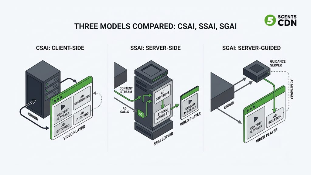 Explanation_Template-2 - 5centsCDN | Video Live Streaming | CDN | Restream Architecture comparison of CSAI SSAI and SGAI ad insertion models