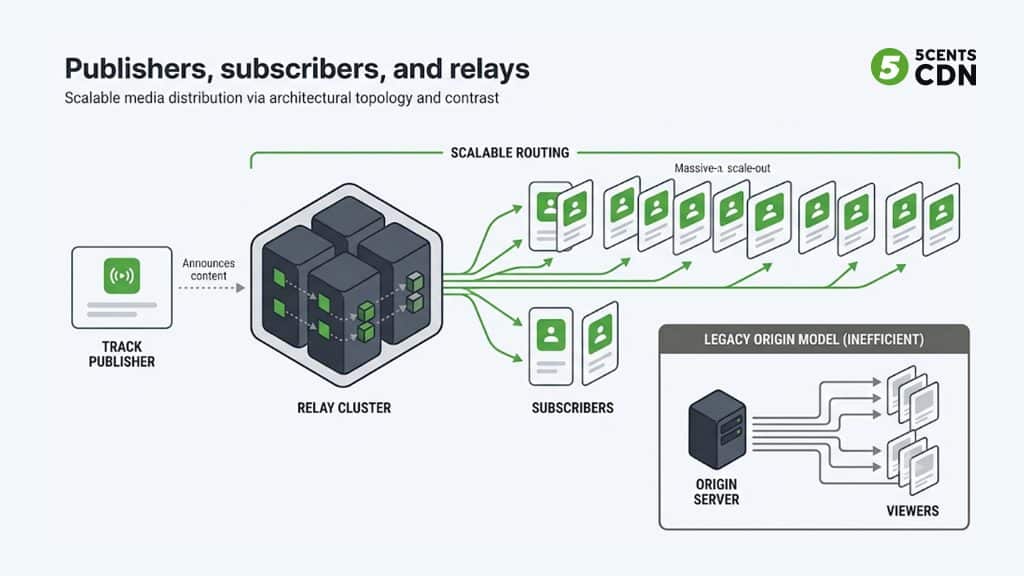 MoQ publisher subscriber and relay fan out topology with edge caching