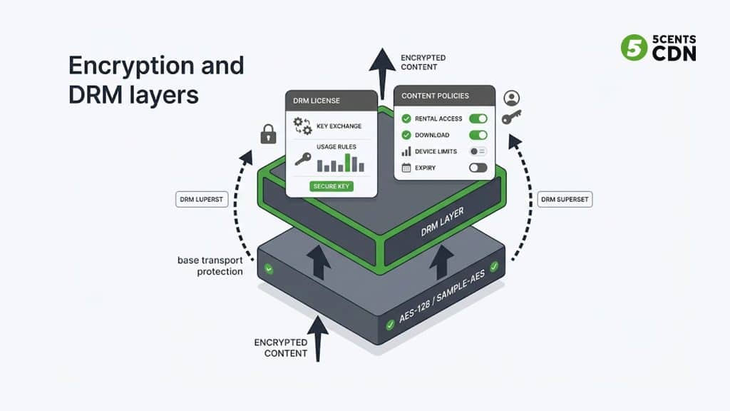 Explanation_Template 2 - 5centsCDN | Video Live Streaming | CDN | Restream Layered diagram showing AES encryption as the transport layer beneath full DRM license management