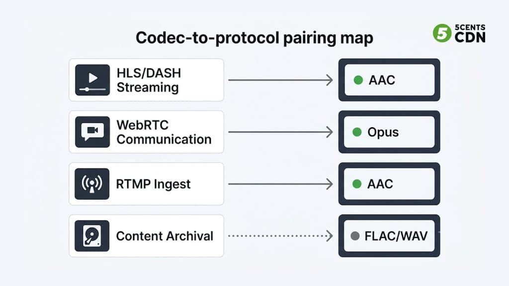 Explanation_Template 2 - 5centsCDN | Video Live Streaming | CDN | Restream Map pairing streaming protocols with audio codecs: HLS and DASH with AAC, WebRTC with Opus