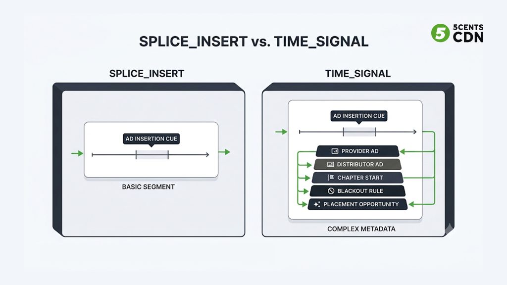 Explanation_Template 2 - 5centsCDN | Video Live Streaming | CDN | Restream Comparison of SCTE-35 splice_insert and time_signal commands and the intent time_signal adds