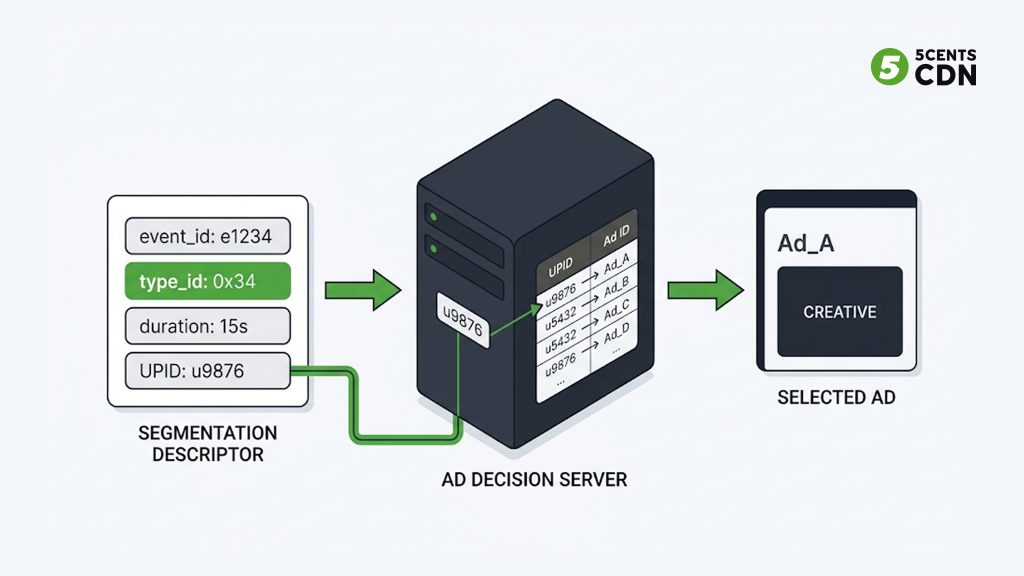 Explanation_Template 3 - 5centsCDN | Video Live Streaming | CDN | Restream How a SCTE-35 segmentation descriptor and UPID map an ad cue to an ad decision