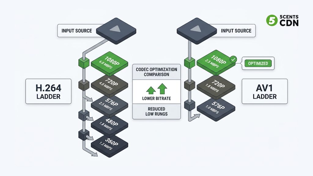 Explanation_Template-3 - 5centsCDN | Video Live Streaming | CDN | Restream Codec-specific encoding ladder comparing H.264 and AV1 bitrate per resolution