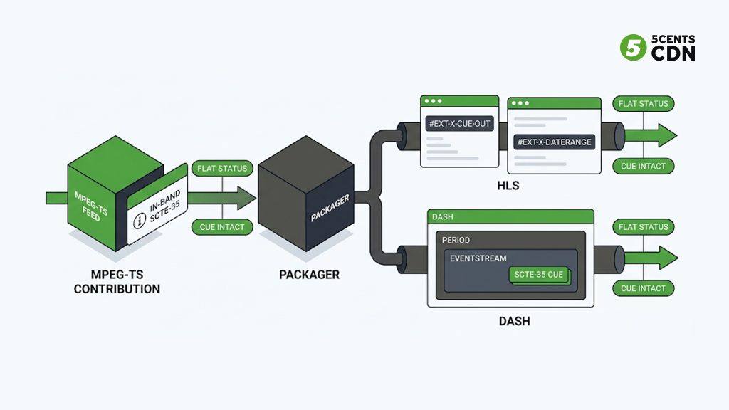 Explanation_Template 4 - 5centsCDN | Video Live Streaming | CDN | Restream How SCTE-35 cues are carried in MPEG-TS PID, HLS manifest tags and DASH EventStream