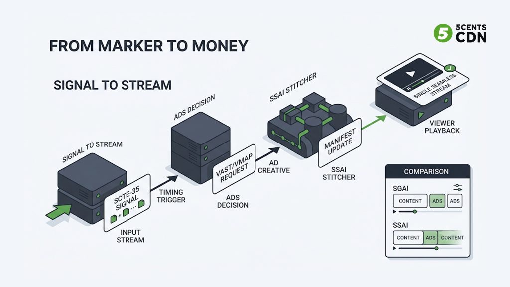 Explanation_Template 5 - 5centsCDN | Video Live Streaming | CDN | Restream SCTE-35 cue feeding an SSAI workflow: ad decision server, ad stitching, delivery to viewer
