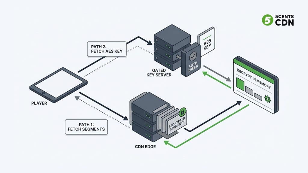 Explanation_Template - 5centsCDN | Video Live Streaming | CDN | Restream Flow of HLS encryption: encrypted segments delivered via CDN while the player fetches the AES key from a gated key server