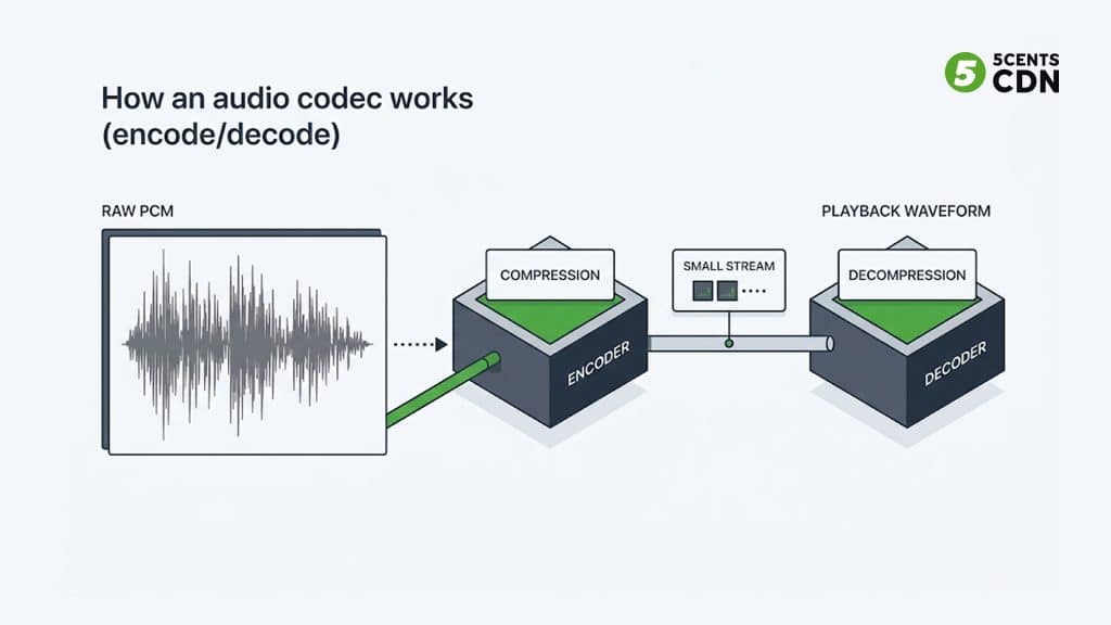 Explanation_Template - 5centsCDN | Video Live Streaming | CDN | Restream Audio codec flow showing raw audio encoded to a compressed stream and decoded for playback