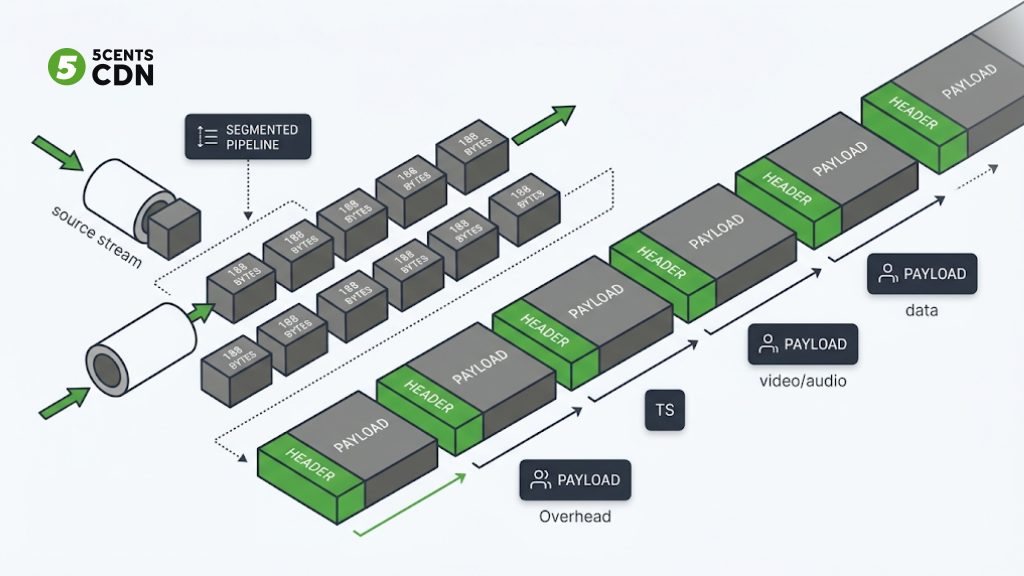 Explanation_Template - 5centsCDN | Video Live Streaming | CDN | Restream MPEG-TS stream split into fixed 188-byte packets with headers for error resilience