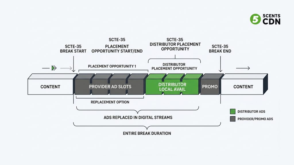 Explanation_Template - 5centsCDN | Video Live Streaming | CDN | Restream SCTE-35 ad break timeline showing provider and distributor placement opportunities and which segments are replaced