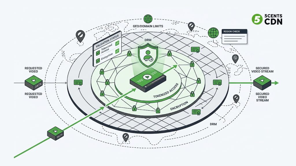 Layered protection when streaming for e-learning in paid courses: access control, encryption, DRM, and geo or domain restriction