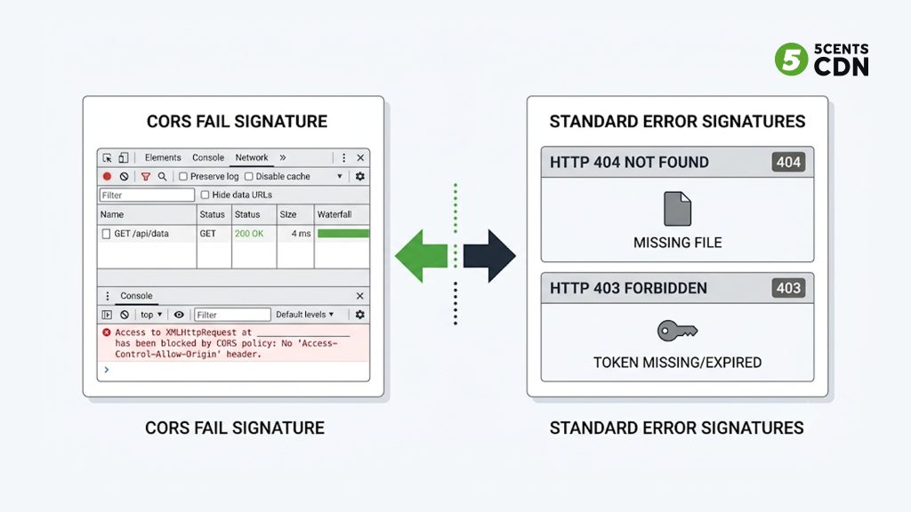 Explanation_Template-1 - 5centsCDN | Video Live Streaming | CDN | Restream A CORS failure shown as a 200 status request with a red console error, unlike 404 or 403