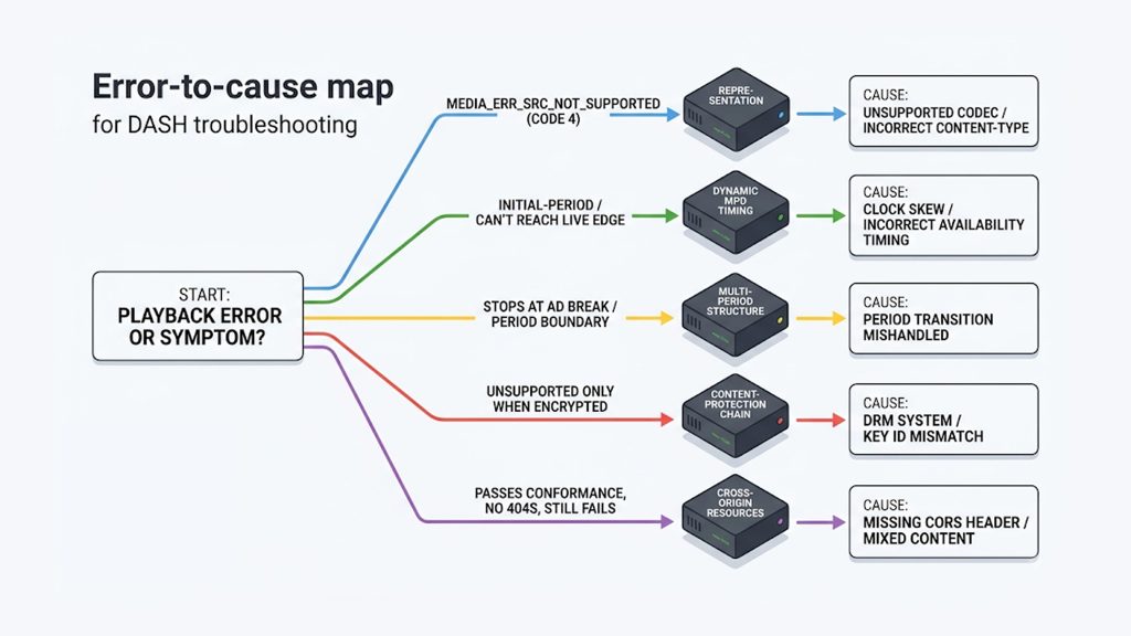 Explanation_Template-1 - 5centsCDN | Video Live Streaming | CDN | Restream Mapping MPEG-DASH error to their manifest level and cause: codec, timing, period, DRM, CORS