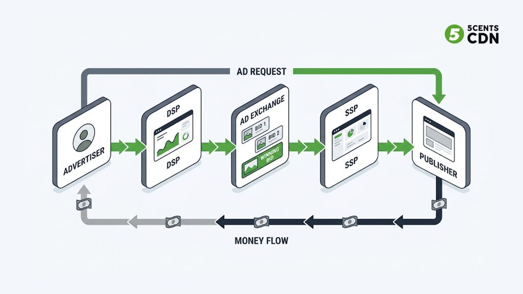 Explanation_Template-1 - 5centsCDN | Video Live Streaming | CDN | Restream Programmatic advertising flow from advertiser through DSP, ad exchange and SSP to publisher