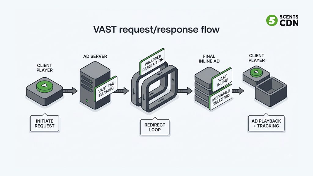 VAST request and response flow including wrapper redirects and MediaFile playback
