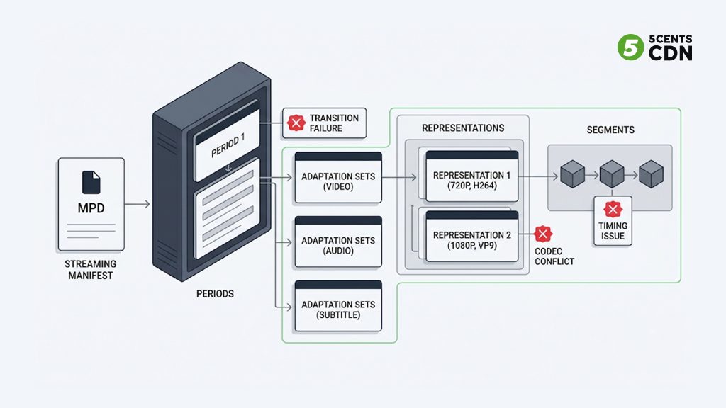 Explanation_Template - 5centsCDN | Video Live Streaming | CDN | Restream DASH MPD structure: Periods, Adaptation Sets, Representations and Segments as a nested tree
