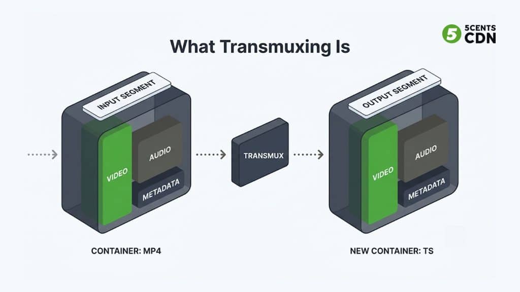 Container format wrapping encoded video and audio tracks in transmuxing