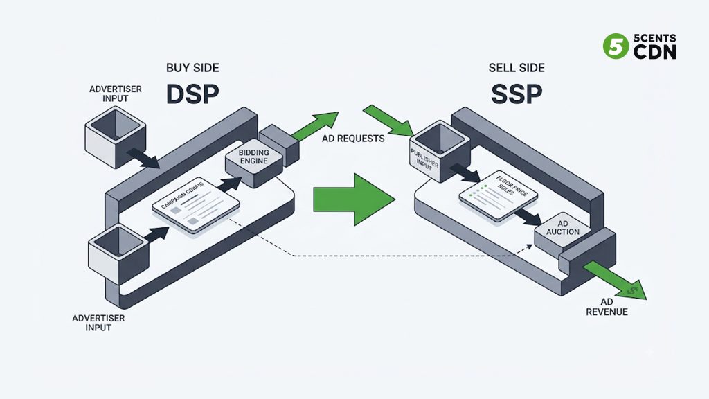 Explanation_Template - 5centsCDN | Video Live Streaming | CDN | Restream DSP buys ad space (money in) versus SSP sells ad space (money out)
