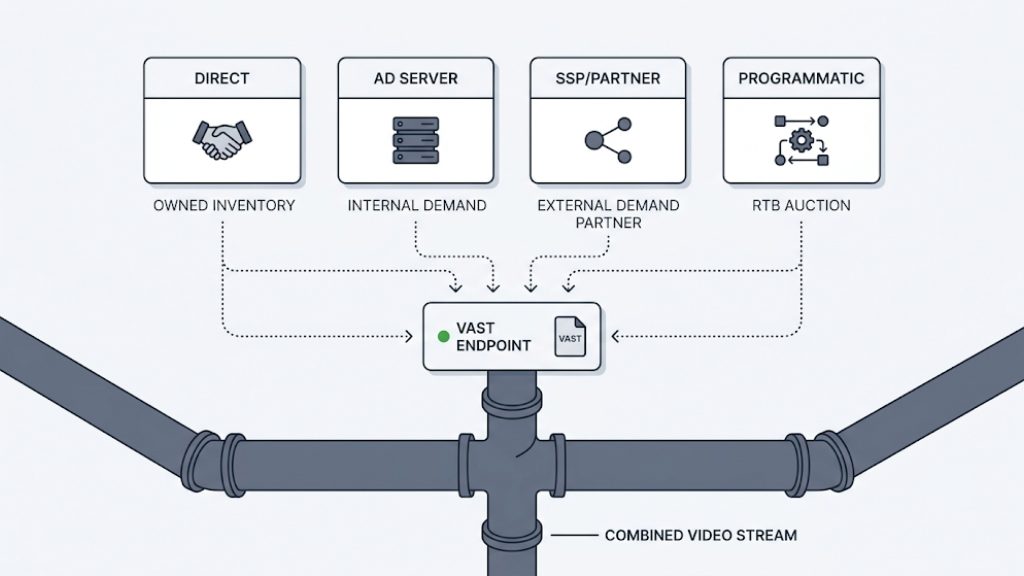 Explanation_Template - 5centsCDN | Video Live Streaming | CDN | Restream Four ad demand sources — direct, ad server, SSP, programmatic — each returning a VAST endpoint