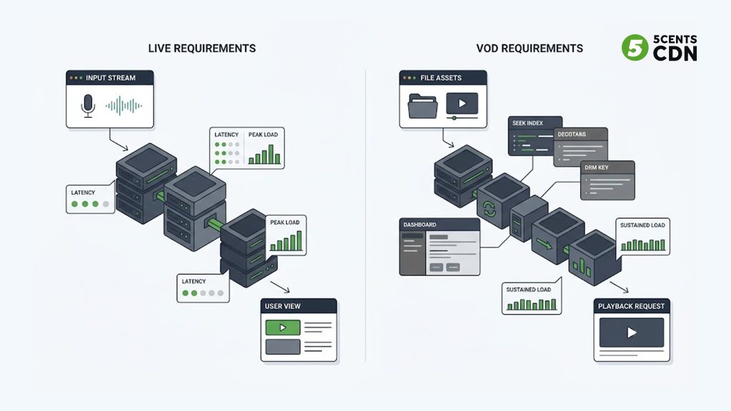 Live streaming versus VOD requirements for education: latency and load versus seek and protection