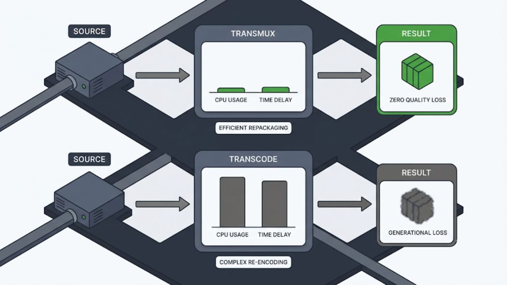 Transcoding vs transmuxing: Cost comparison of transmuxing versus transcoding CPU time and quality