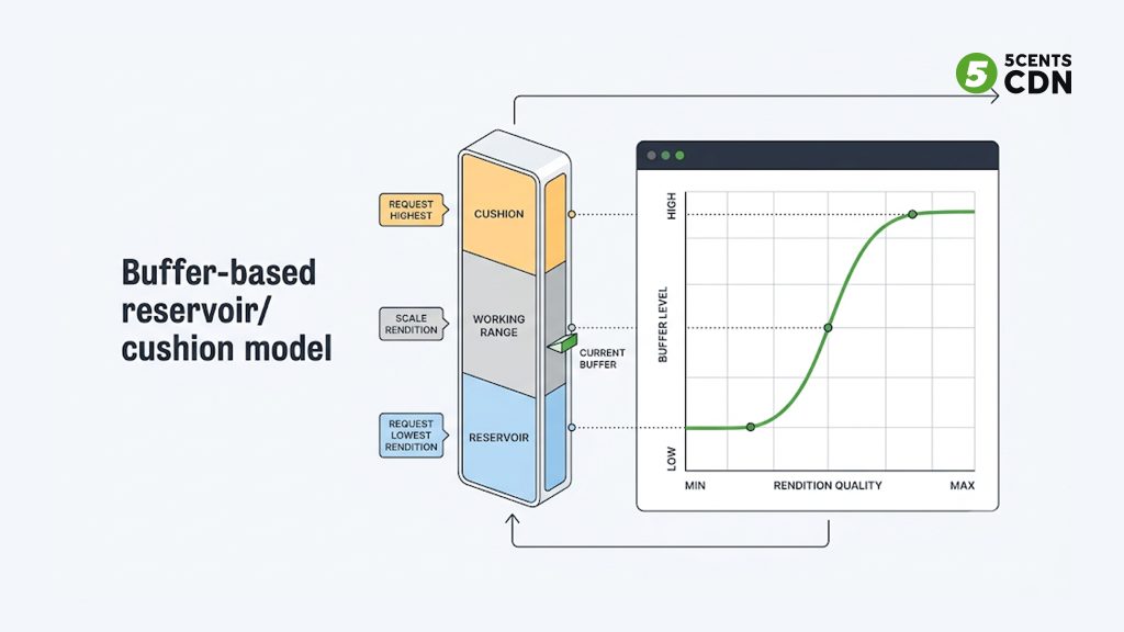 Explanation_Template-2 - 5centsCDN | Video Live Streaming | CDN | Restream Buffer-based ABR mapping buffer level to rendition: reservoir, working range and cushion zones