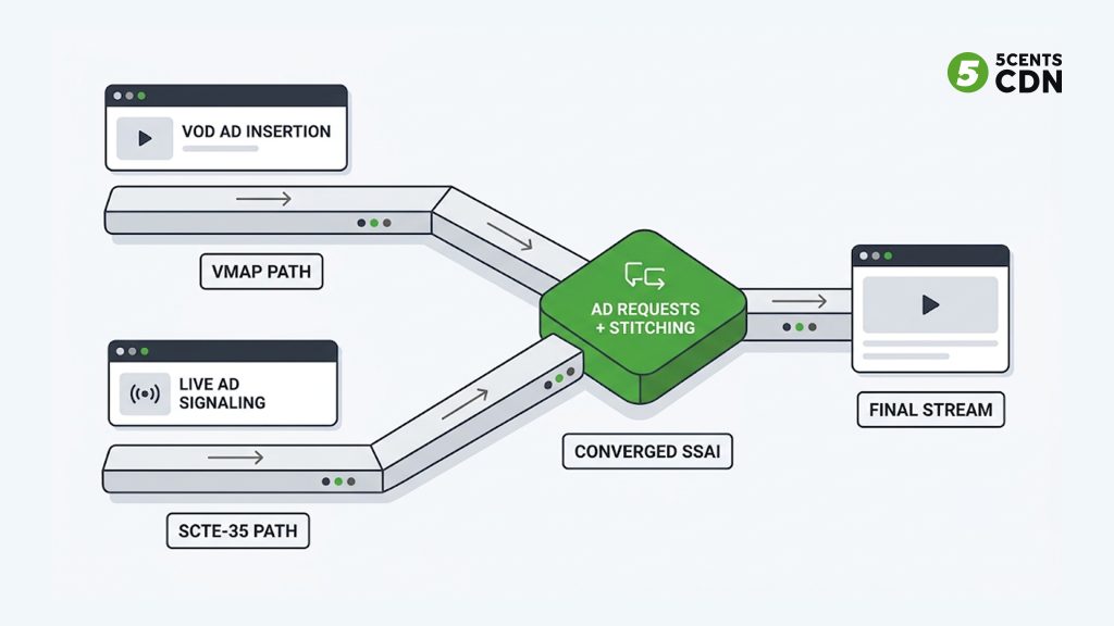 VMAP schedules VOD breaks while SCTE-35 signals live breaks, both leading to VAST and SSAI