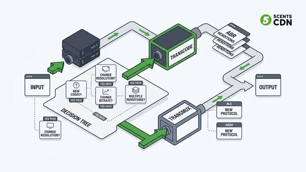 Decision tree for choosing transmuxing or transcoding in a streaming pipeline