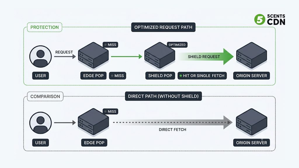 Explanation_Template - 5centsCDN | Video Live Streaming | CDN | Restream Origin shield request path from edge server to shield to origin