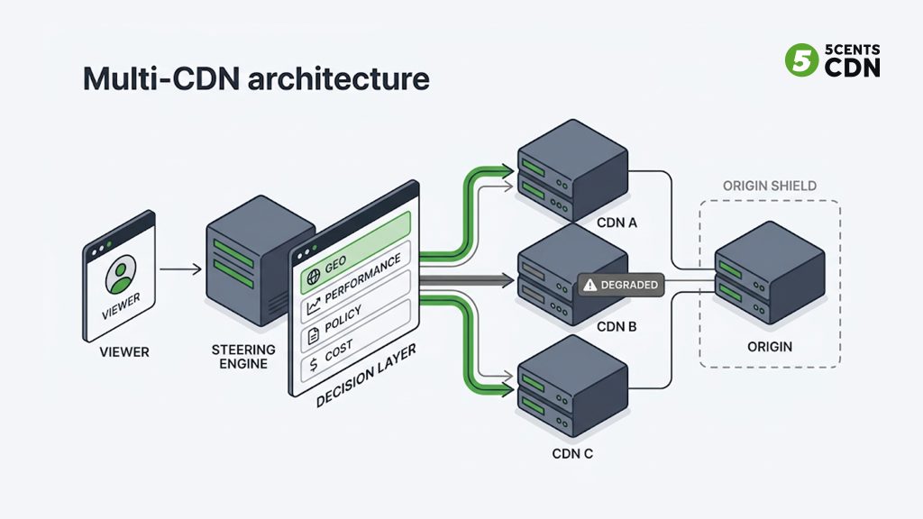 Explanation_Template - 5centsCDN | Video Live Streaming | CDN | Restream Multi-CDN architecture: viewer request passing through a steering engine to the best of several CDNs