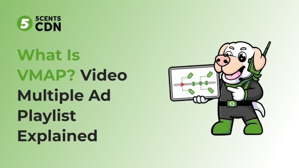 VMAP video timeline showing pre-roll, mid-roll and post-roll ad breaks pointing to VAST