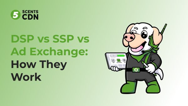 Green gradient banner showing 5 CDN logo and text: 'DSP vs SSP vs Ad Exchange: How They Work' with a cartoon dog holding a tablet.