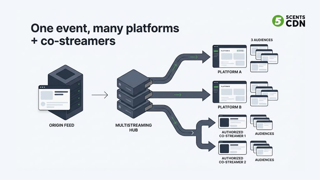 Explanation_Template-1 - 5centsCDN | Video Live Streaming | CDN | Restream A single esports feed simulcast to multiple platforms with co-streamers rebroadcasting to their own audiences