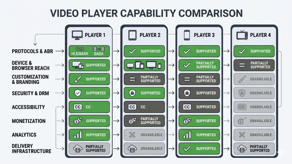 Explanation_Template-1 - 5centsCDN | Video Live Streaming | CDN | Restream The core criteria for evaluating a video player, from playback fundamentals to delivery fit