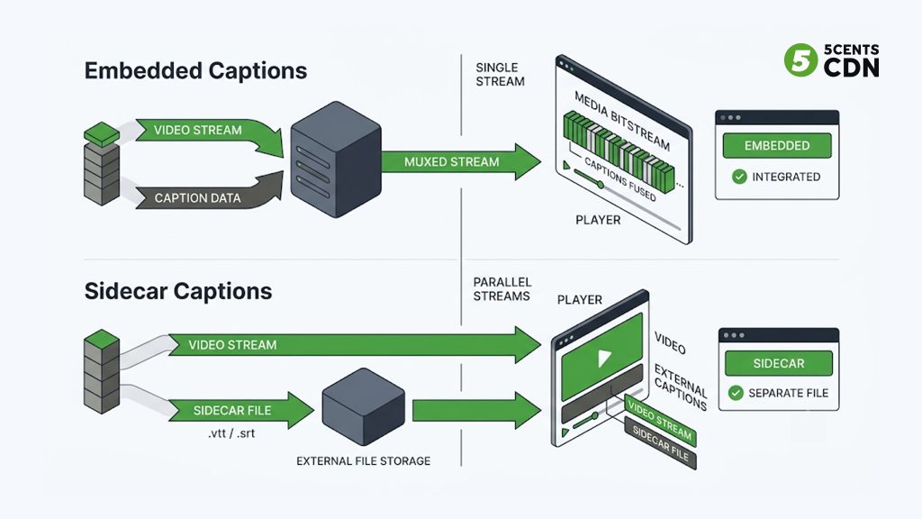 Explanation_Template - 5centsCDN | Video Live Streaming | CDN | Restream Embedded captions inside the video stream versus sidecar WebVTT/SRT files alongside it