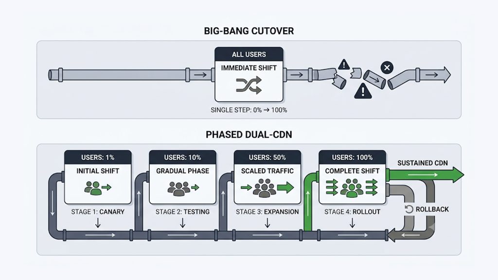 Explanation_Template - 5centsCDN | Video Live Streaming | CDN | Restream Risky big-bang DNS cutover versus a phased dual-CDN migration