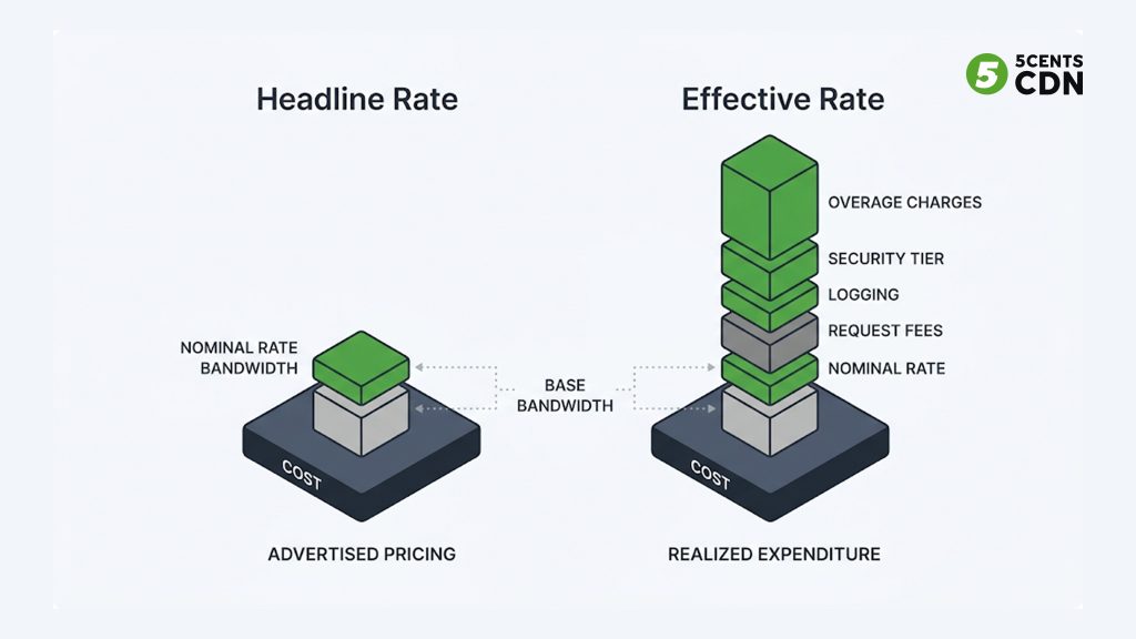 Explanation_Template - 5centsCDN | Video Live Streaming | CDN | Restream How a low headline per-GB rate becomes a high effective rate once hidden meters stack up