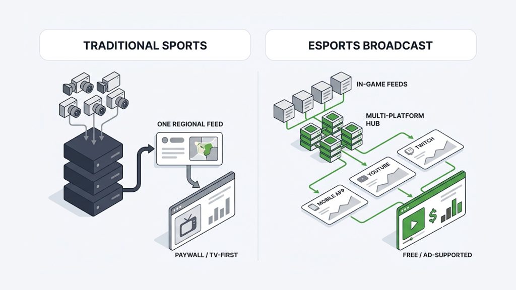 Explanation_Template - 5centsCDN | Video Live Streaming | CDN | Restream How esports broadcasting differs from traditional sports across source, distribution, interactivity, and monetization
