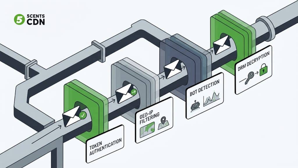 Explanation_Template-2 - 5centsCDN | Video Live Streaming | CDN | Restream Layered CDN-edge defense stack: token auth, geo-blocking, bot and anomaly defense, DRM