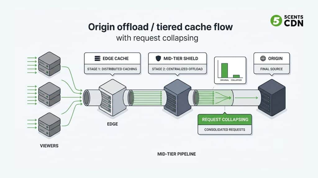 Explanation_Template-2 - 5centsCDN | Video Live Streaming | CDN | Restream Data flow showing edge nodes pulling through an origin shield to protect the origin