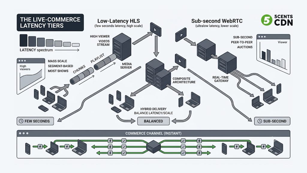 Explanation_Template-2 - 5centsCDN | Video Live Streaming | CDN | Restream Latency tiers for live shopping: low-latency HLS for showcases, sub-second WebRTC for auctions