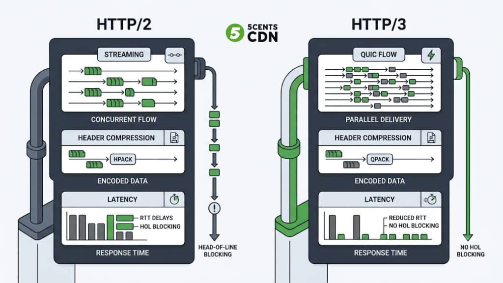 Explanation_Template-2 - 5centsCDN | Video Live Streaming | CDN | Restream Comparison table of HTTP/2 and HTTP/3 across transport, setup, and network switching