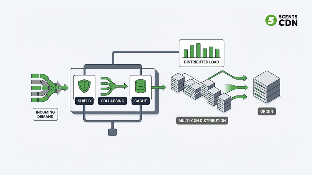 Explanation_Template-2 - 5centsCDN | Video Live Streaming | CDN | Restream Layered defenses that absorb a live spike: origin shield, request collapsing, cache, multi-CDN, pre-warming
