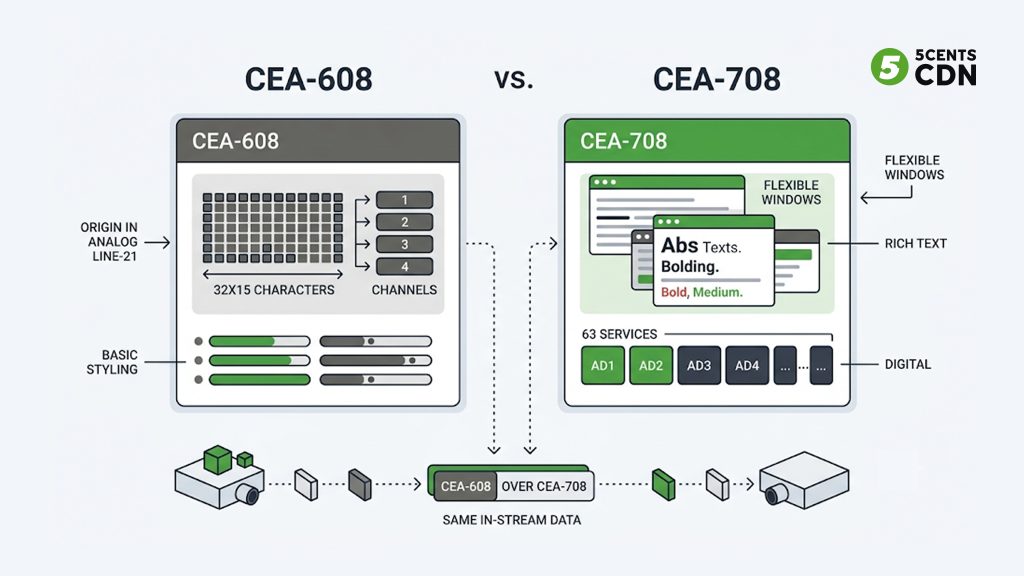 Explanation_Template-2 - 5centsCDN | Video Live Streaming | CDN | Restream CEA-608 (4 channels, fixed grid, analog origin) versus CEA-708 (63 services, flexible, digital)