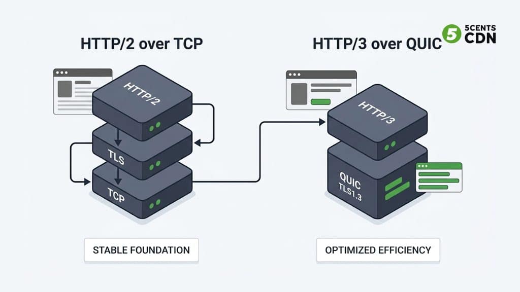 HTTP/2 over TCP versus HTTP/3 over QUIC protocol stack comparison