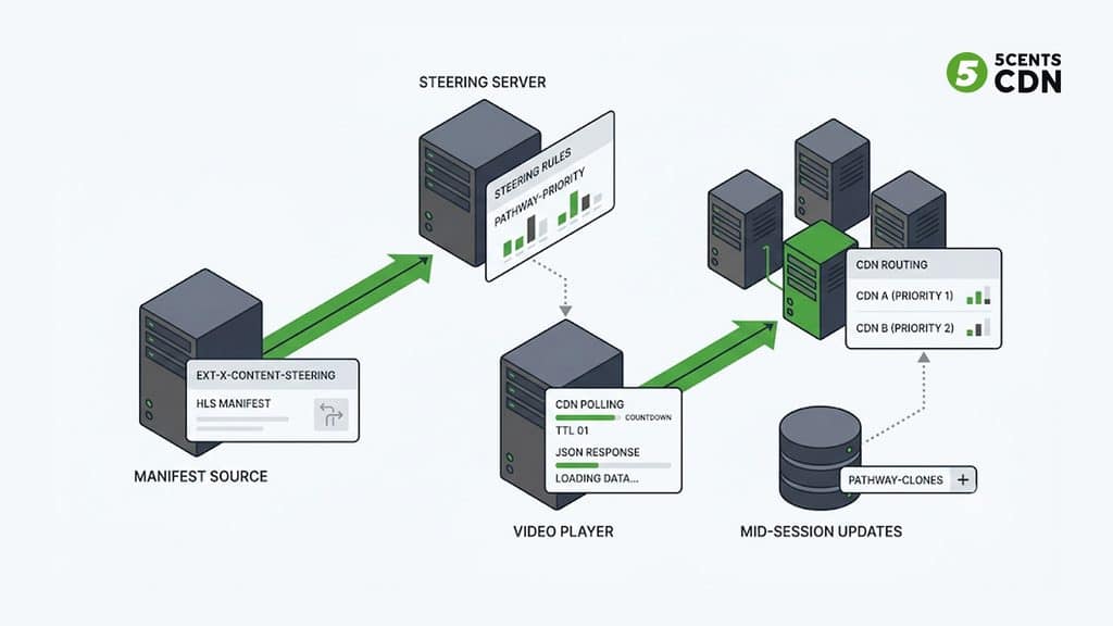 Explanation_Template-1 - 5centsCDN | Video Live Streaming | CDN | Restream Player polls steering server, gets a CDN priority list in the steering manifest, fetches from the top CDN