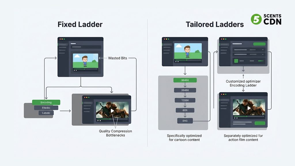 Explanation_Template - 5centsCDN | Video Live Streaming | CDN | Restream A fixed ladder over-allocates bits to simple content and under-allocates to complex content