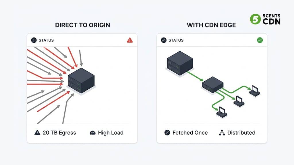 Explanation_Template - 5centsCDN | Video Live Streaming | CDN | Restream AI model distribution: when 200 nodes each pulling a 100 GB model from origin versus one origin fetch served to everyone from the edge
